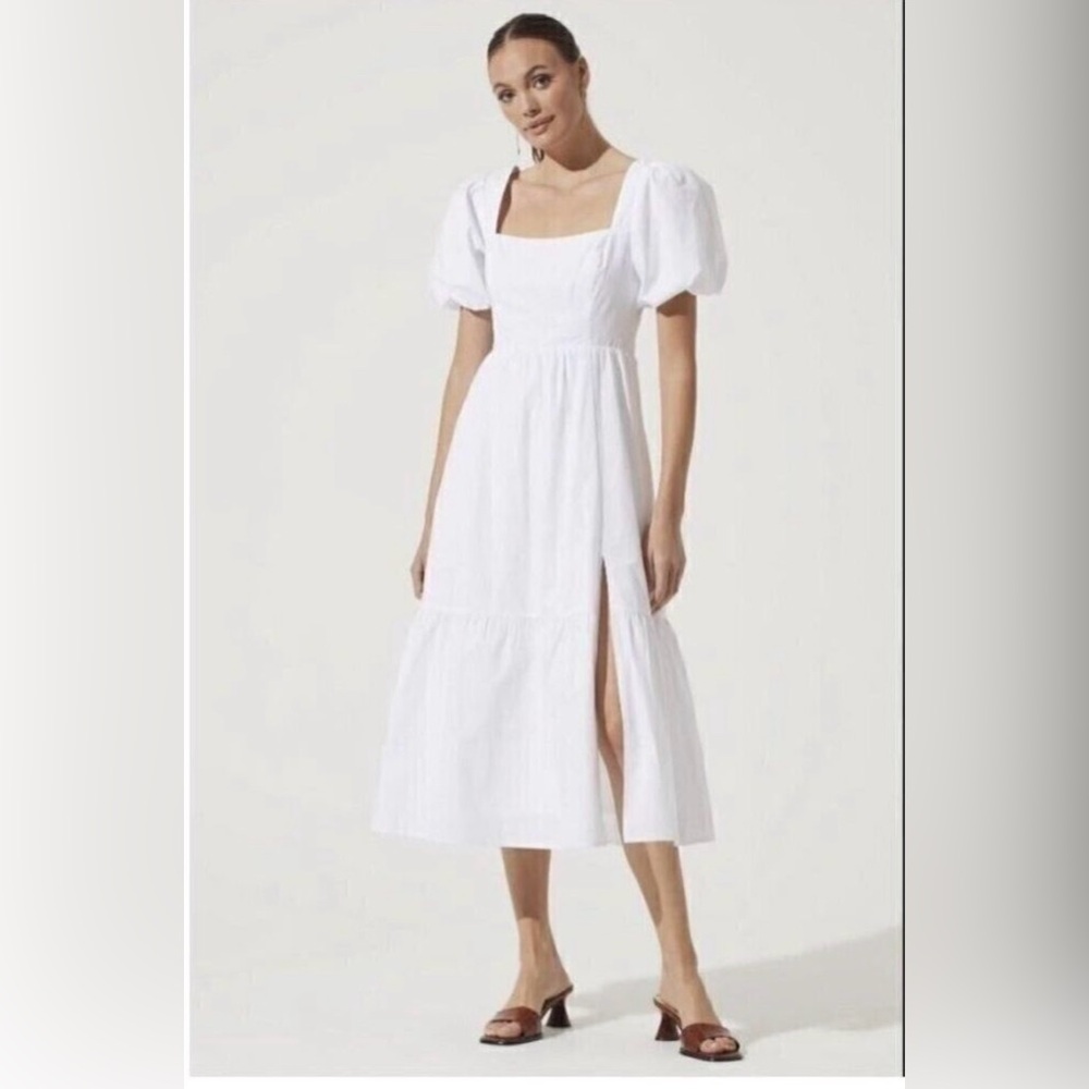 Astr White Puff Sleeve Midi Dress with Side Slit size Medium